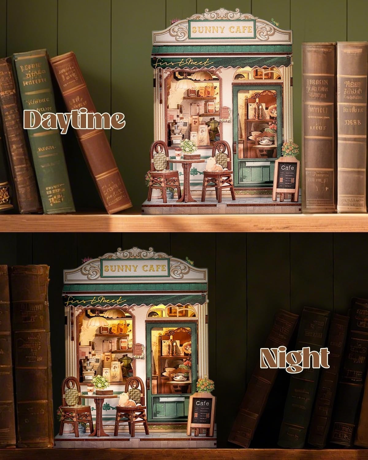 DIY Book Nook Kit Sunny Cafe Miniature House LED Wooden Bookend Decor