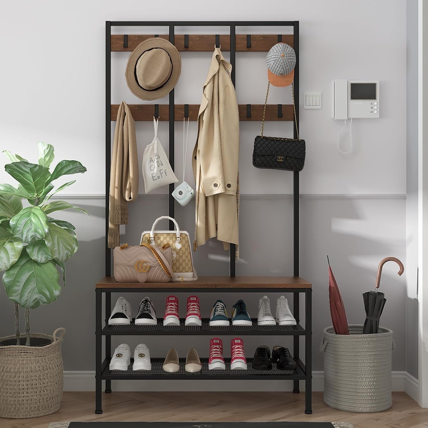 Industrial Coat Rack with Bench 3-in-1 Shoe Storage Hall Tree 12 Hooks 184cm