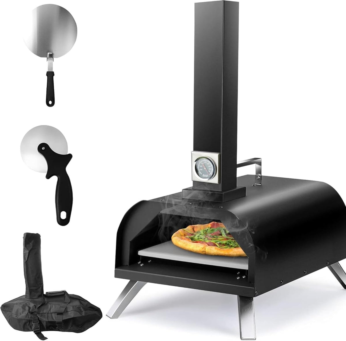 12" Outdoor Wood Fired Pizza Oven | Portable Pellet BBQ Grill w/ Peel & Cover