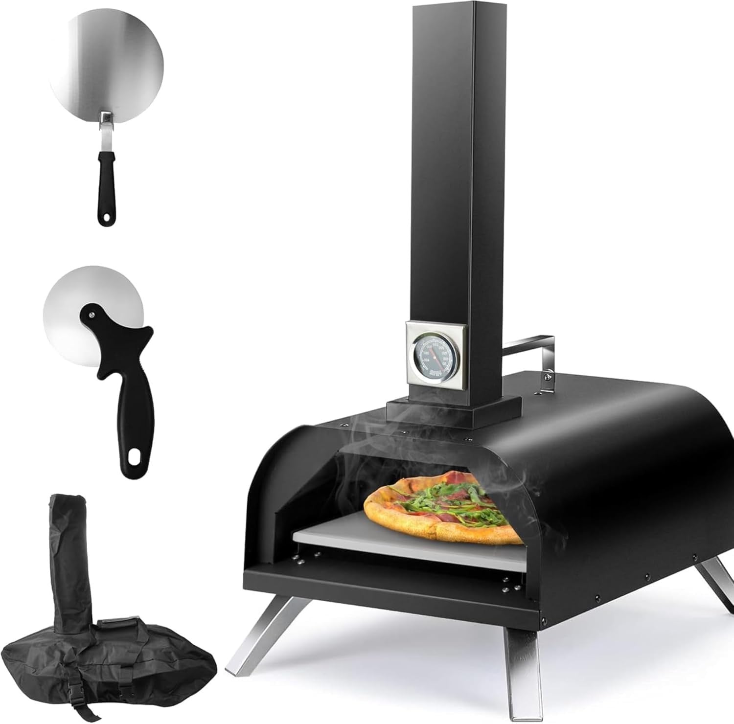 12" Outdoor Wood Fired Pizza Oven | Portable Pellet BBQ Grill w/ Peel & Cover