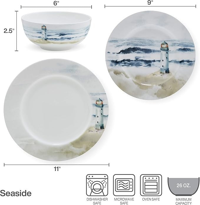12pc Bone China Dinnerware Set Coastal Plates Bowls Lightweight Service for 4