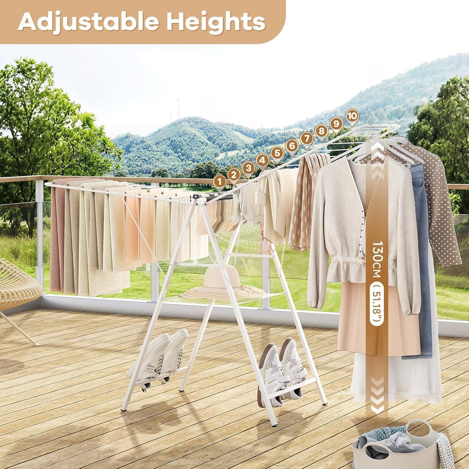 Foldable Clothes Drying Rack Height Adjustable Metal Indoor Outdoor