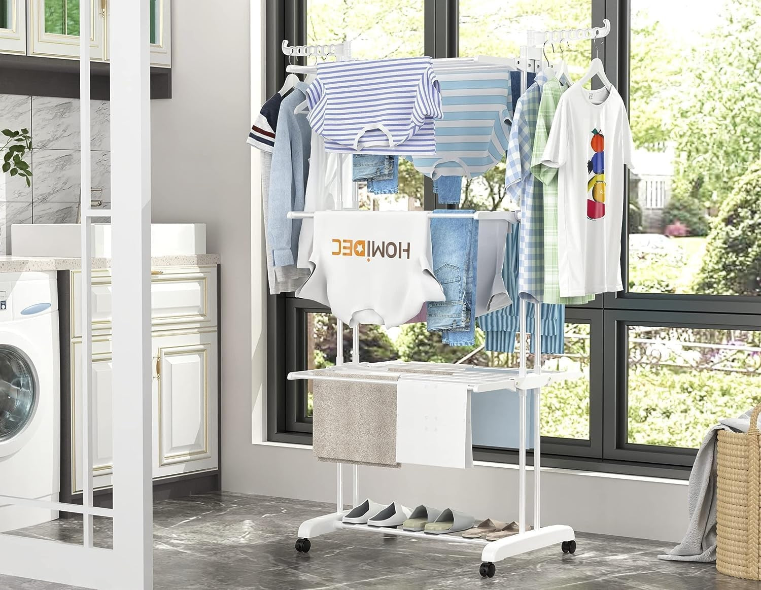 4 Tier Clothes Airer Stainless Steel Foldable Drying Rack with Wheels White