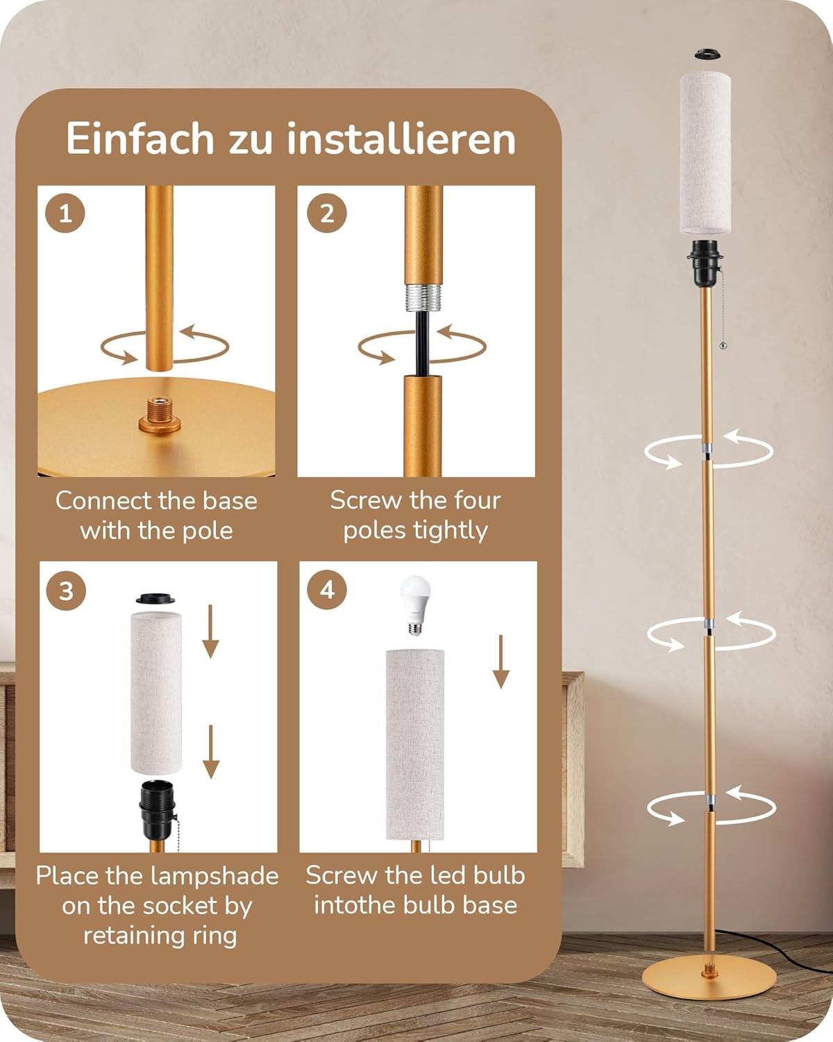 Dimmable Floor Lamp Linen Shade Remote Control Tall Standing Light