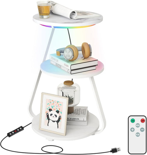 White Marble Side Table with Remote-Controlled 6-Color LED & 3-Tier Storage