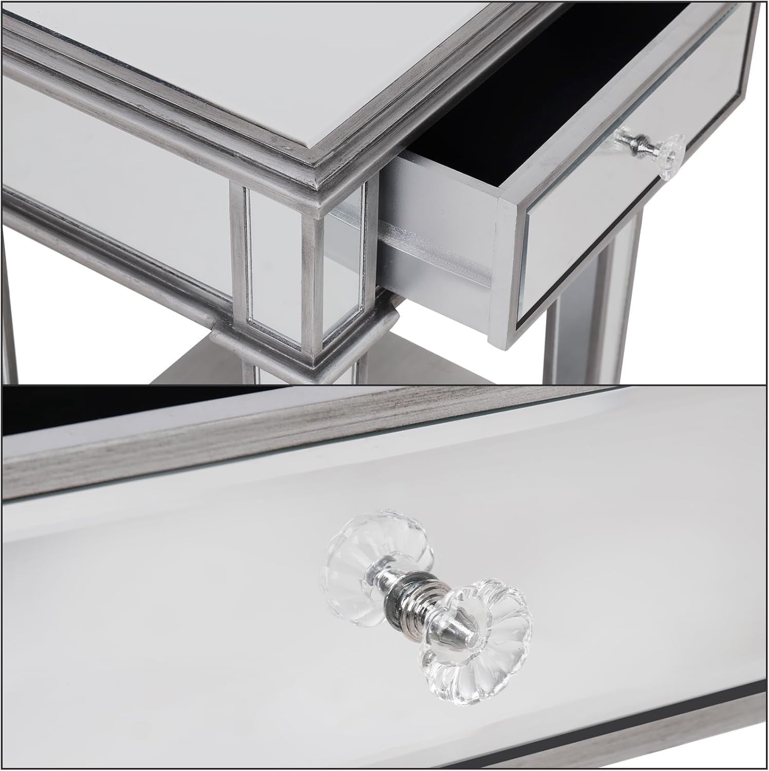 Silver Mirrored Bedside Table with Drawer & Shelf – Luxury Glass Nightstand