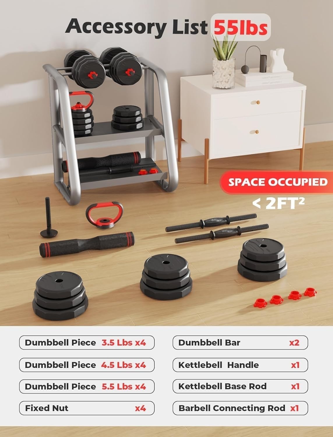 Adjustable Dumbbells Set 3 in 1 55–90LB Barbell Kettlebell Home Gym