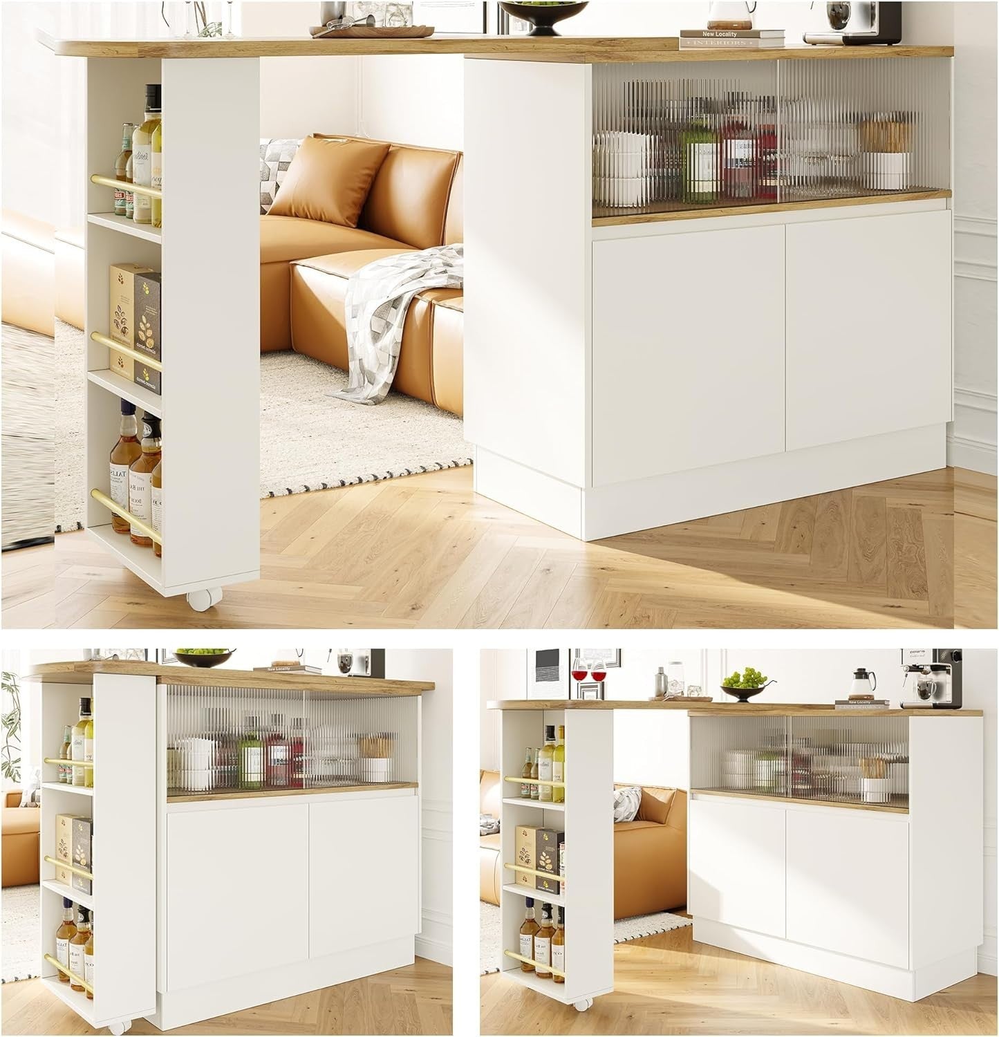 360° Rotating Kitchen Island with Sliding Glass Doors, Storage & Extendable.