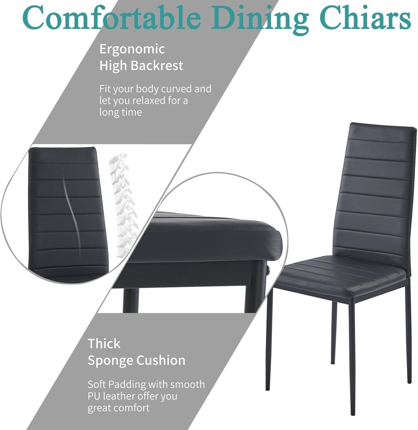 Round Glass Dining Table Set 4 Black Faux Leather Chairs Compact Kitchen