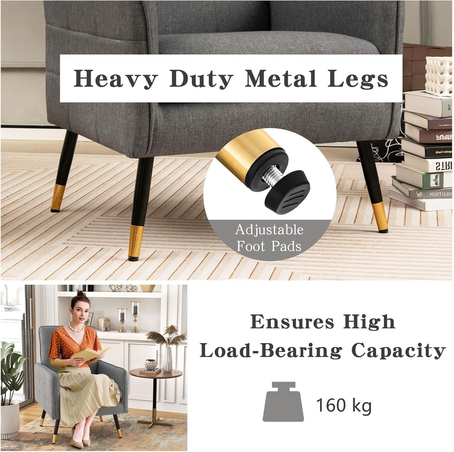 Comfy Grey Linen Accent Chair, Modern Tufted Sofa Chair with Metal Legs