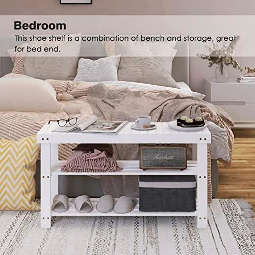 3-Tier White Bamboo Shoe Rack Bench with Storage Shelf & Durable Design