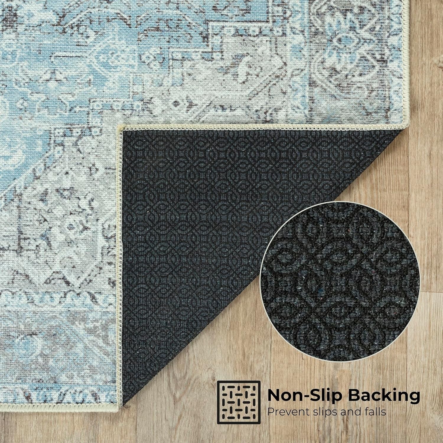 Washable Rug 122x170cm Non-Slip Short Pile Vintage Daylight Blue Silver Carpet