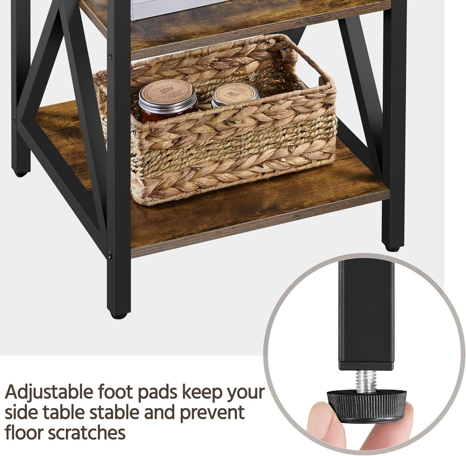 Set of 2 Rustic Brown 3-Tier Side Tables with Storage, Sturdy X-Frame