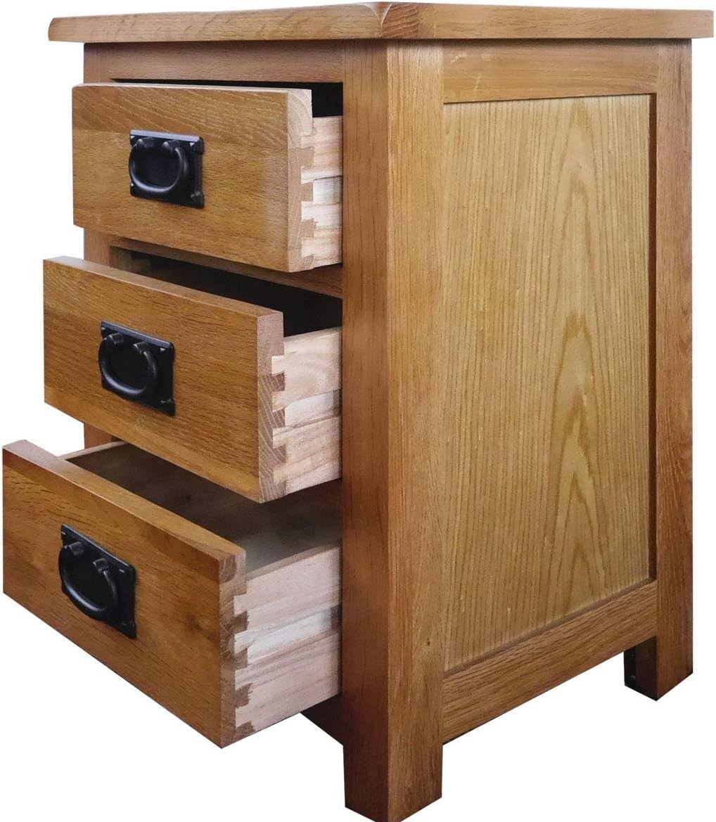 Rustic Oak Bedside Table with 3 Drawers, Solid Wood Nightstand 56x42x32cm