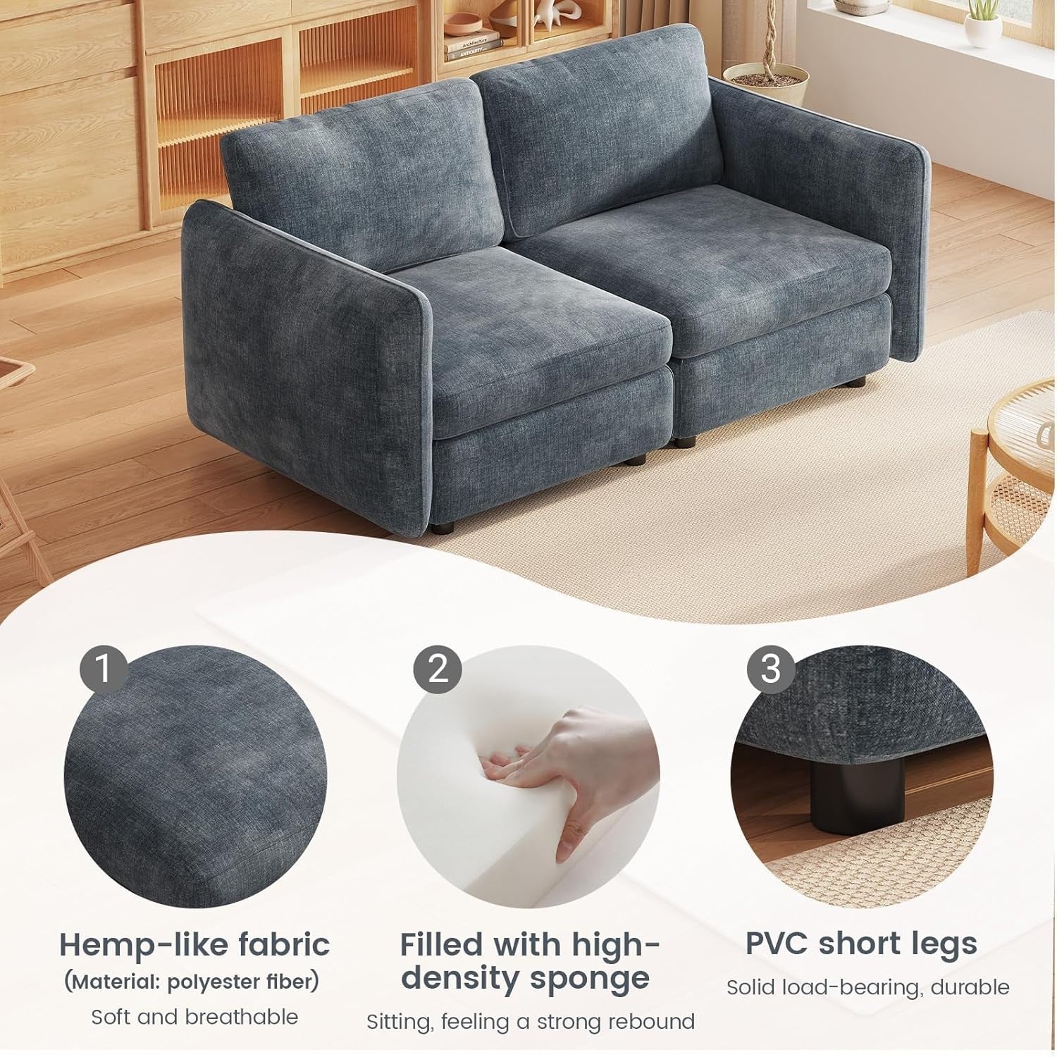 Modern 2 Seater Sofa Blue-Grey Deep Cushions 305CM Ergonomic Couch