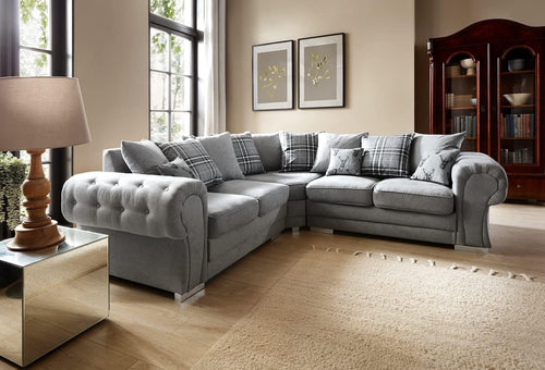 Grey L Shape Corner Sofa 5 Seater with Luxury Foam Cushions & Chrome Legs