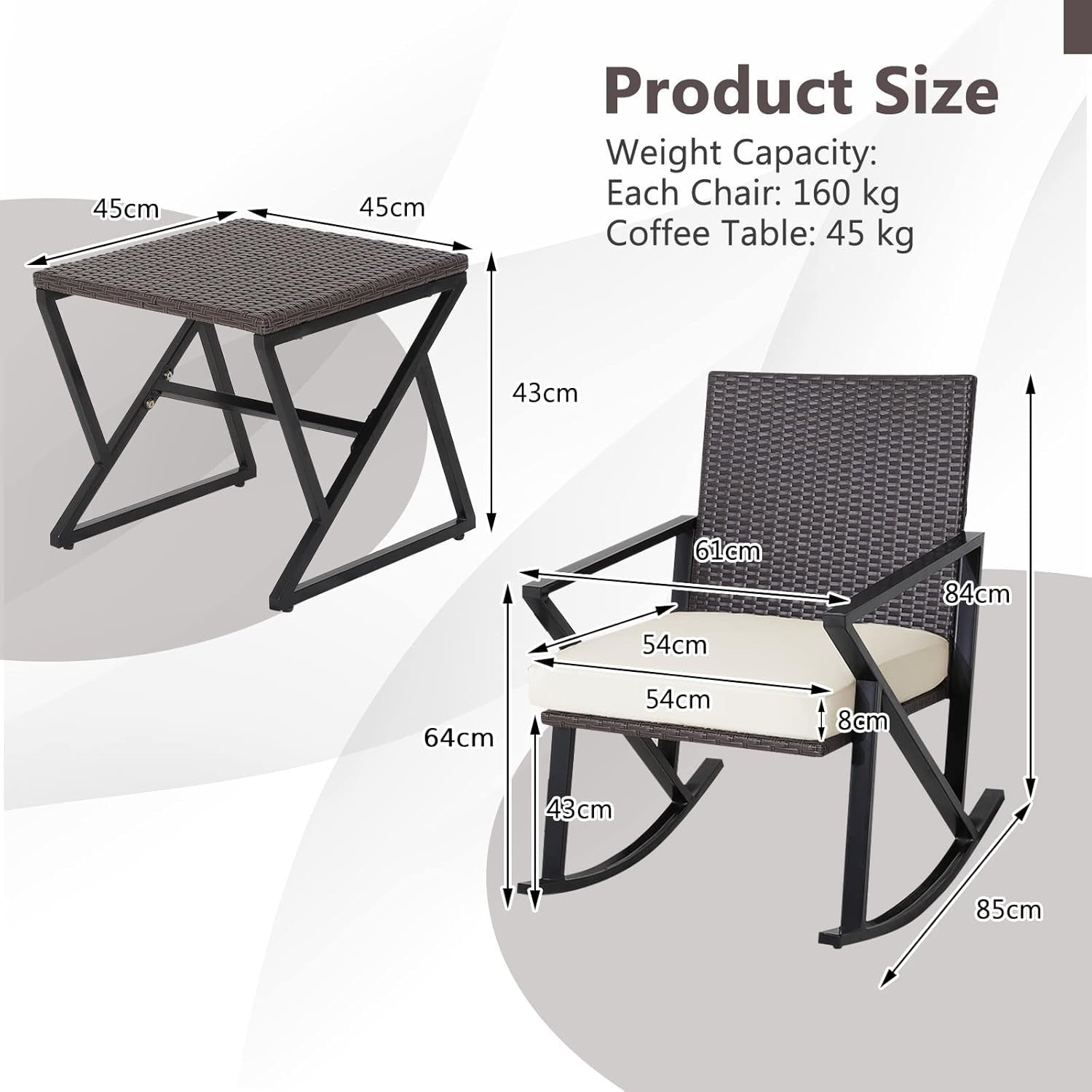3-Piece Outdoor Patio Rattan Bistro Set Rocking Chairs with Cushions & Table