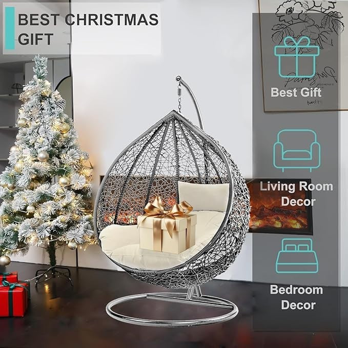 Outdoor Hanging Egg Chair with Cushion – Rattan Swing Seat, 150KG Support