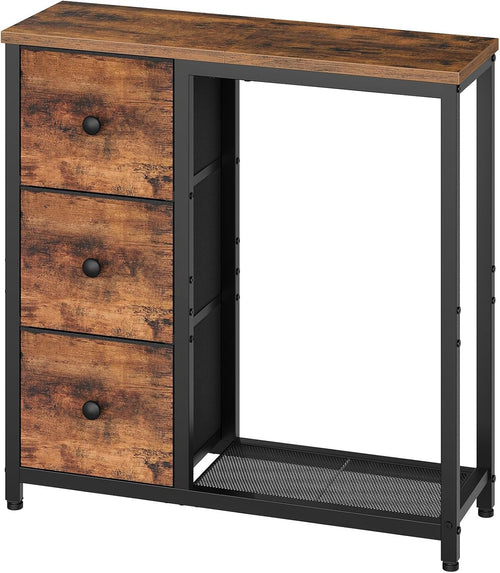 Slim Console Table with 3 Fabric Drawers & 2-Tier Shelf – Rustic Storage