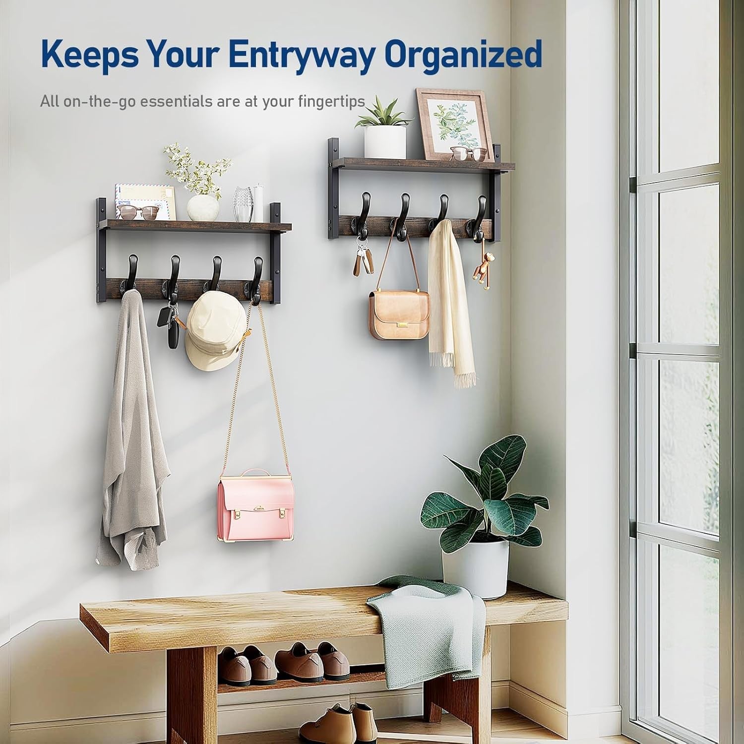 16” Rustic Brown Wall Mounted Coat Rack with Shelf | Heavy Duty Hooks