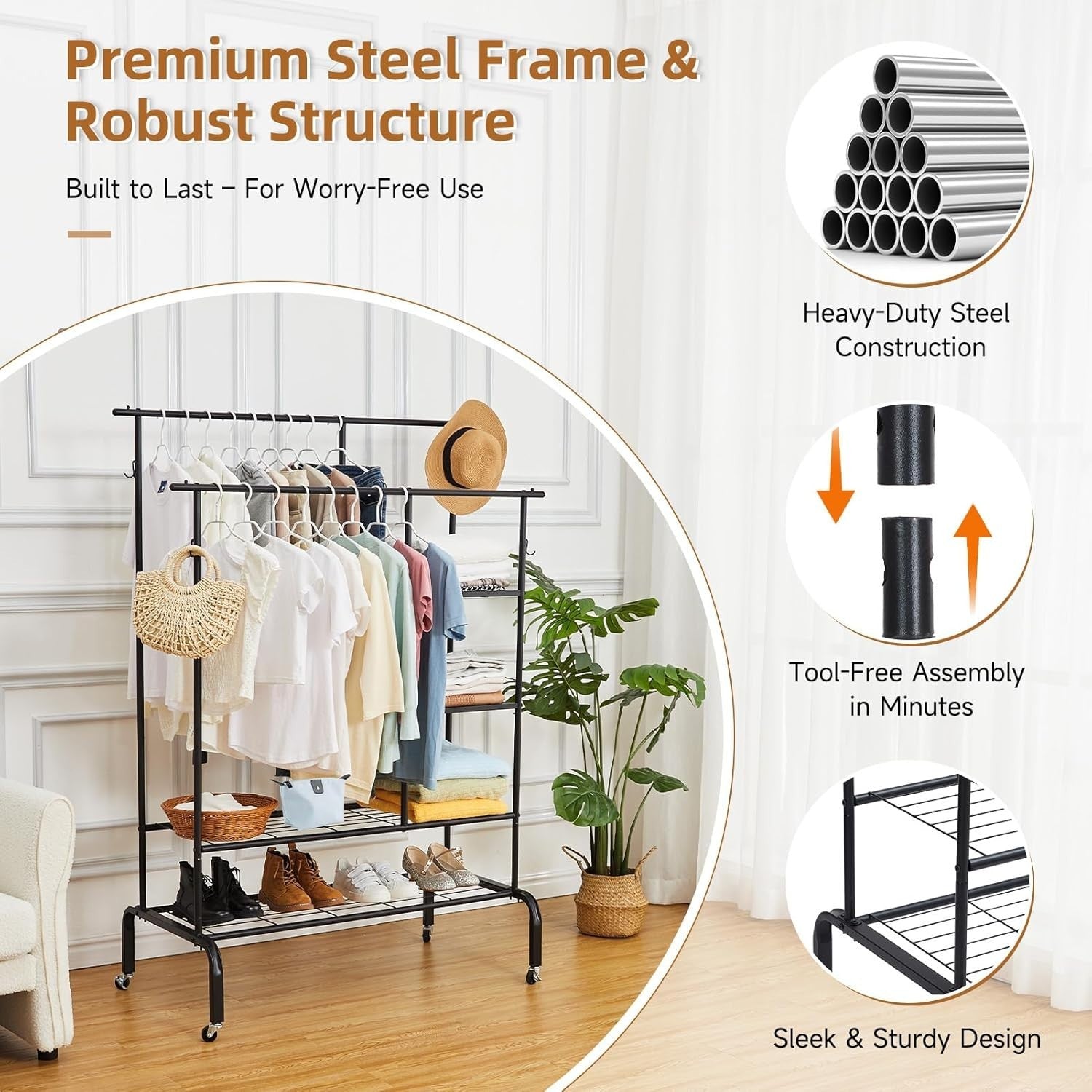Heavy Duty Clothes Rail Double Hanging Rack Shelves Black