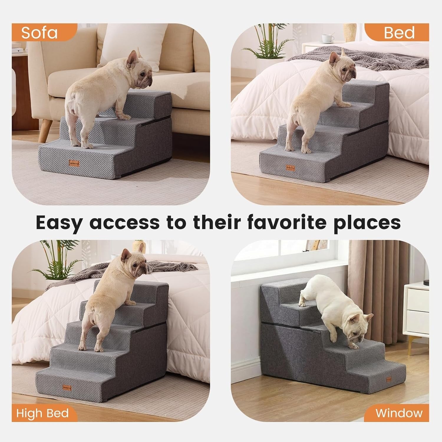 5 Step Adjustable Dog Stairs Foam Ramp Non-Slip Grey 58cm H