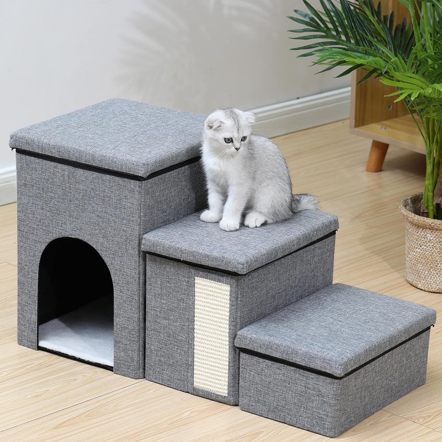 Dog Steps for Bed Pet Stairs with Ladder & Storage Box for Cats