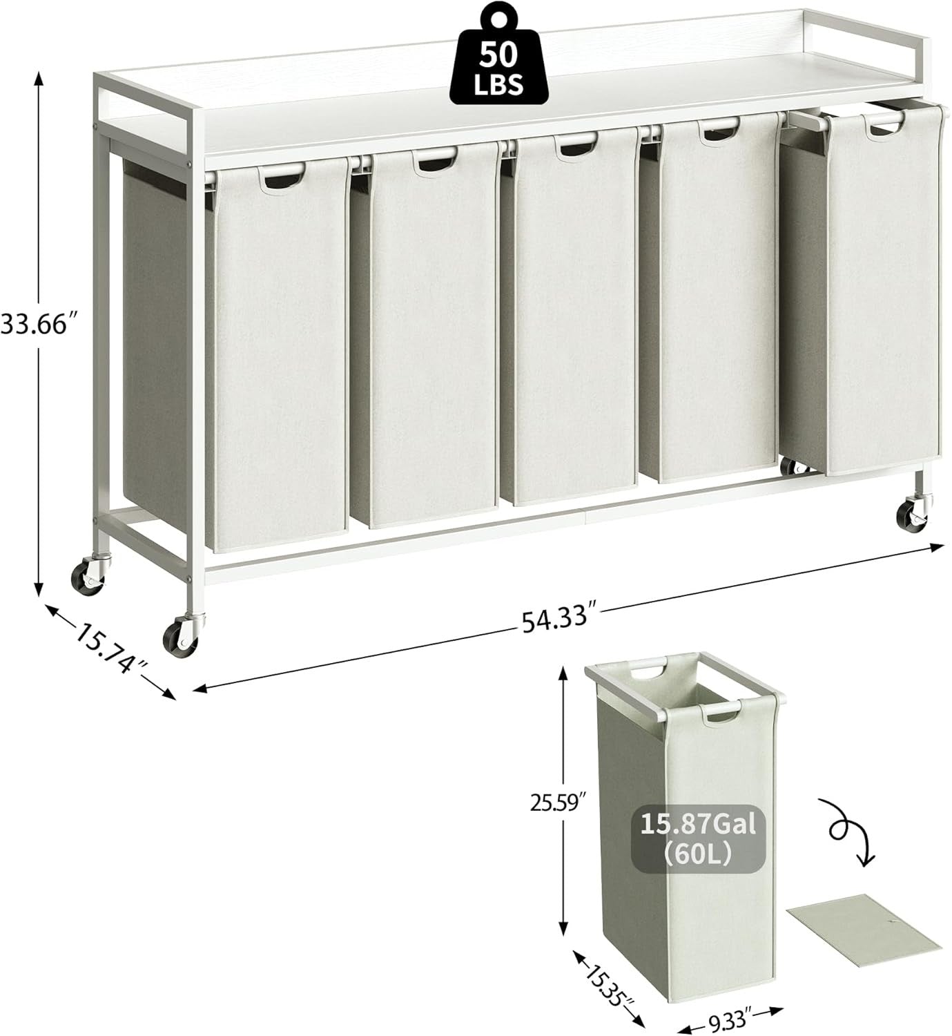 5 Section Laundry Basket with Shelf White 300L Removable Bags Wheels Metal