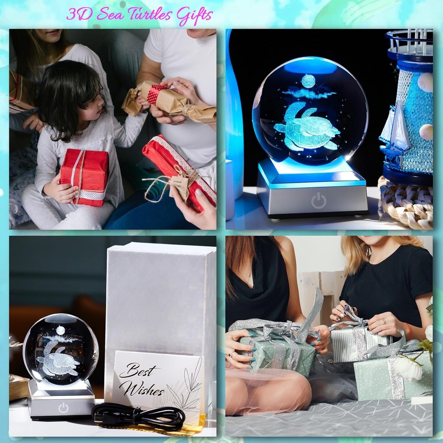 3D Crystal Sea Turtle Ball 8cm LED Light K9 Glass Ornament Gift Home Decor