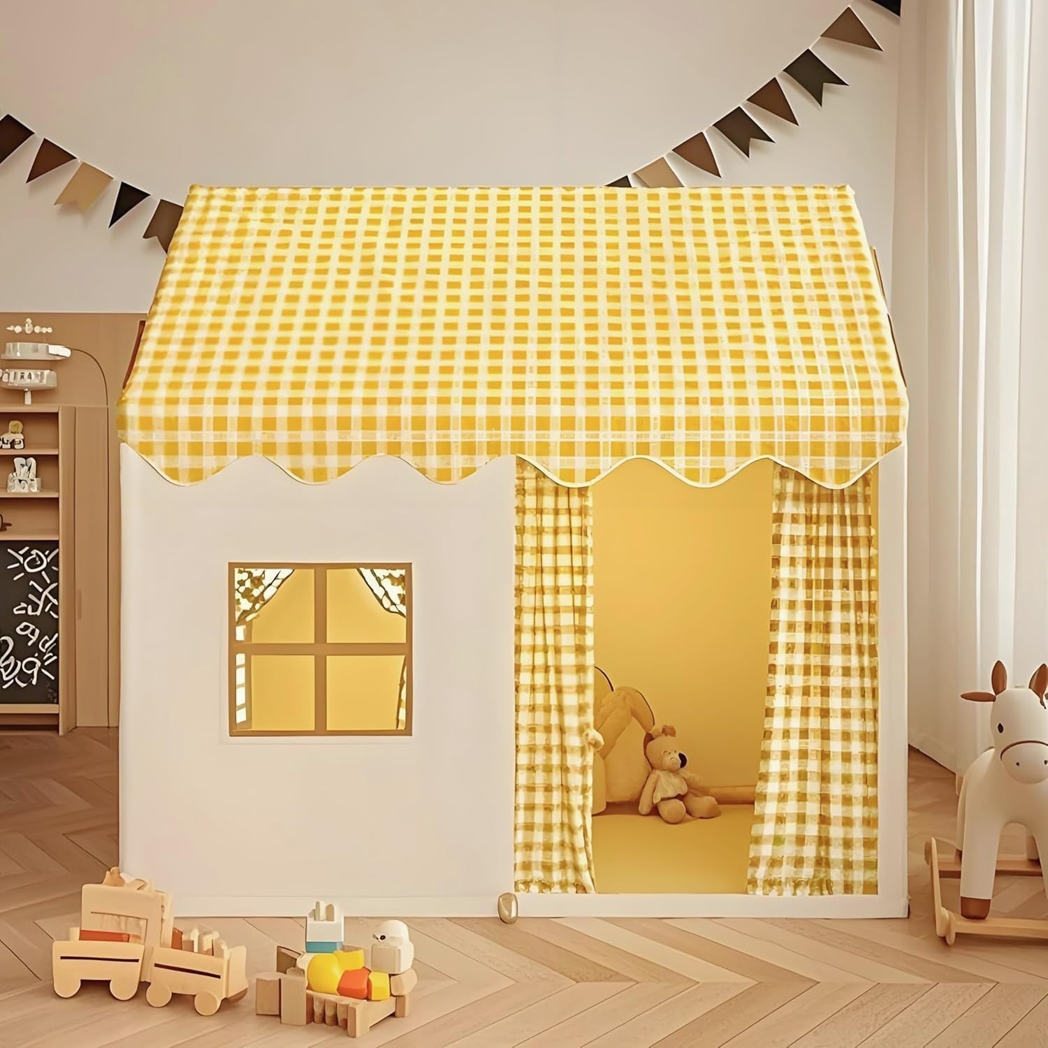 Yellow Kids Play Tent with Star Lights Indoor Outdoor Washable Teepee