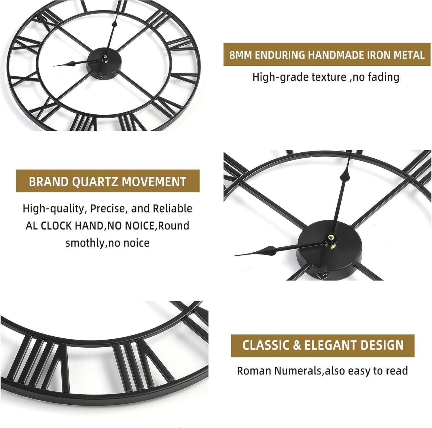 100cm Extra Large Silent Metal Wall Clock Roman Numerals Art Deco Black