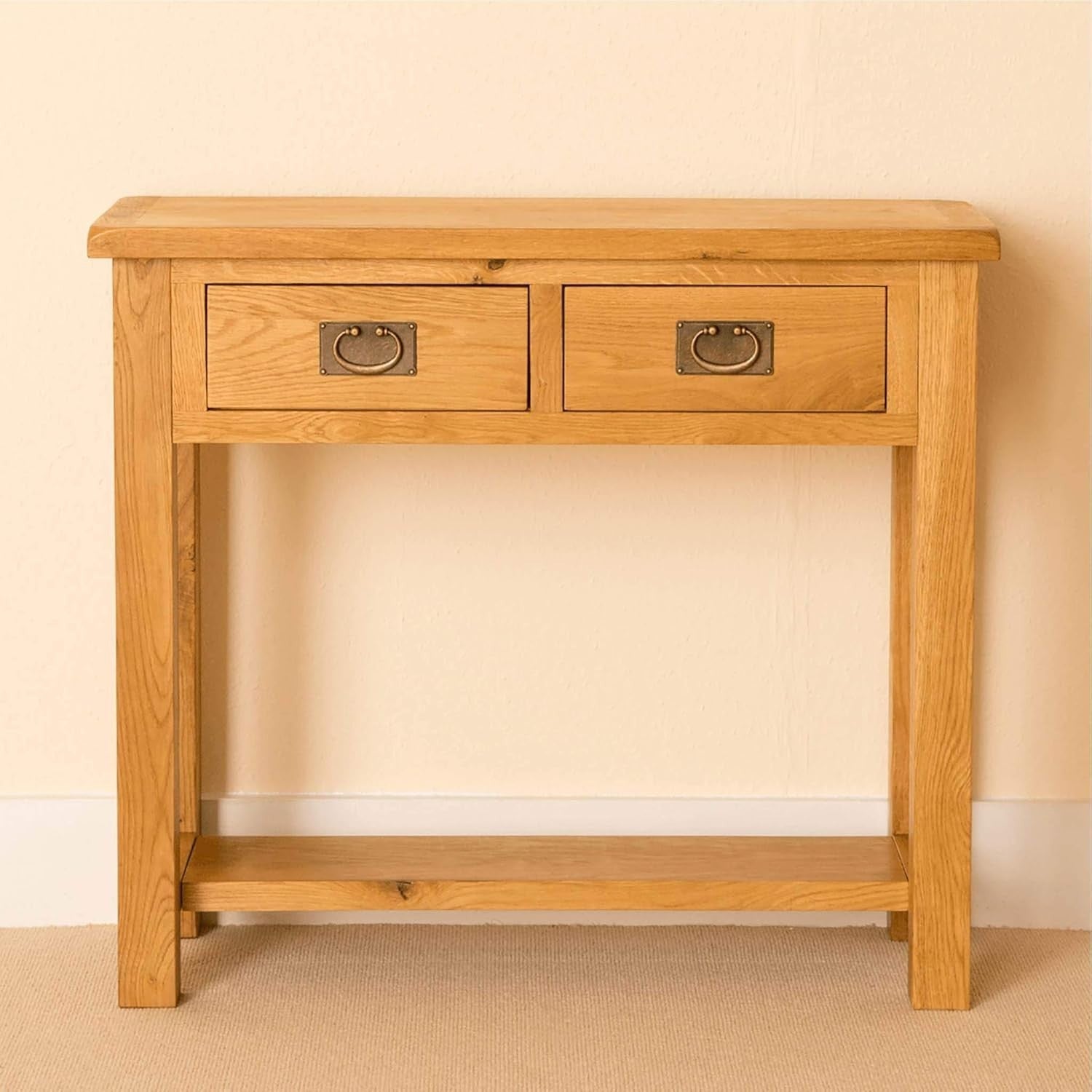 Rustic Oak Console Table with Drawers Storage Shelf | Slim Hallway Unit
