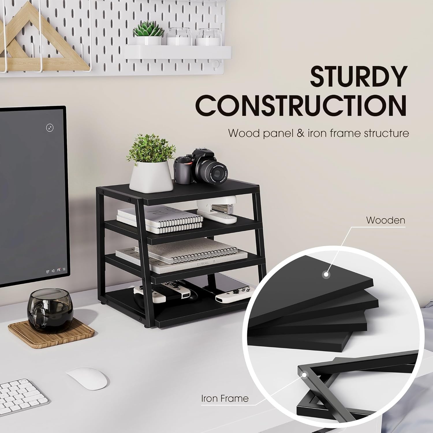 4 Tier Desk File Organizer A4 Paper Tray Wood Metal Office Shelf Black