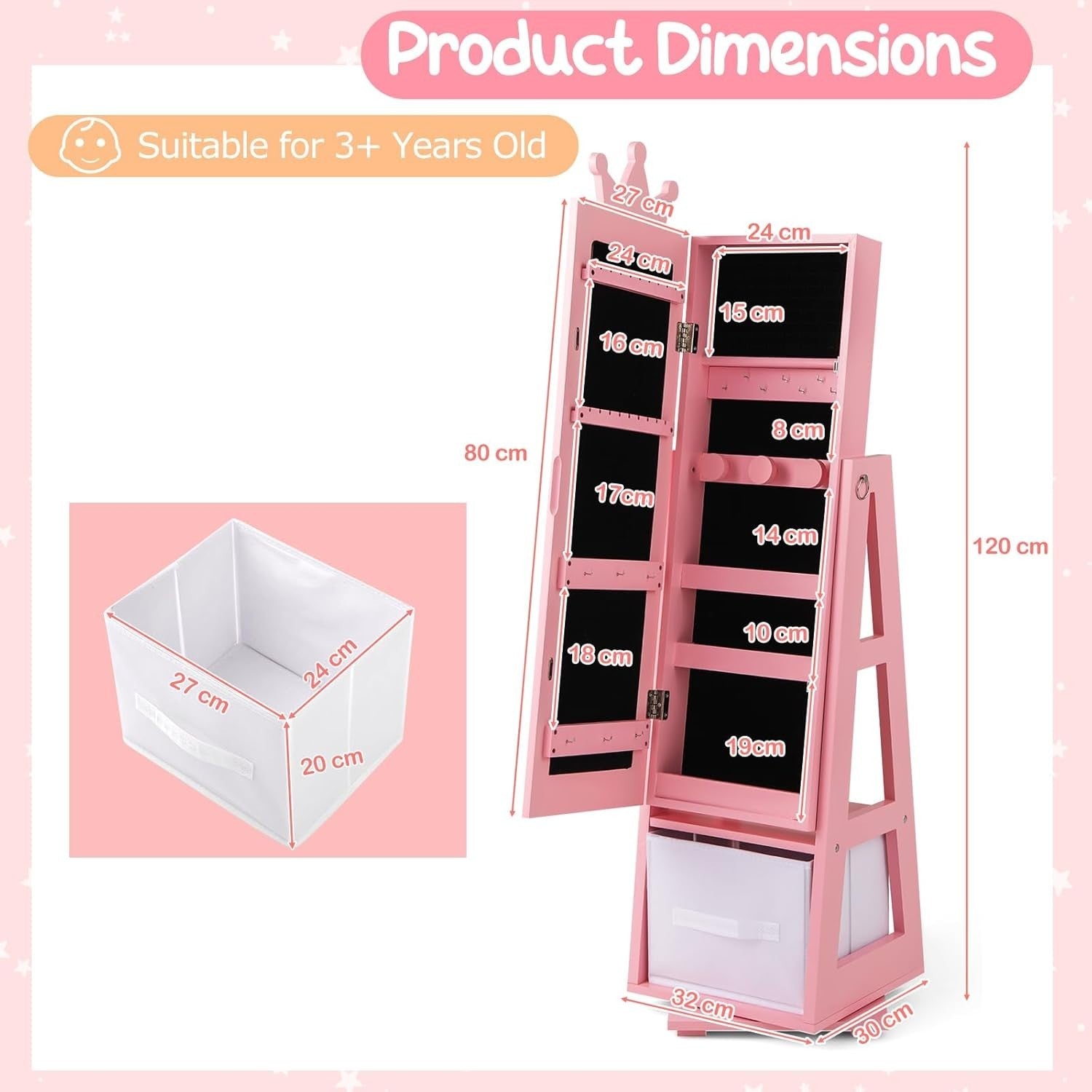Kids 360° Swivel Jewelry Cabinet Mirror Organizer with Anti Tip Base