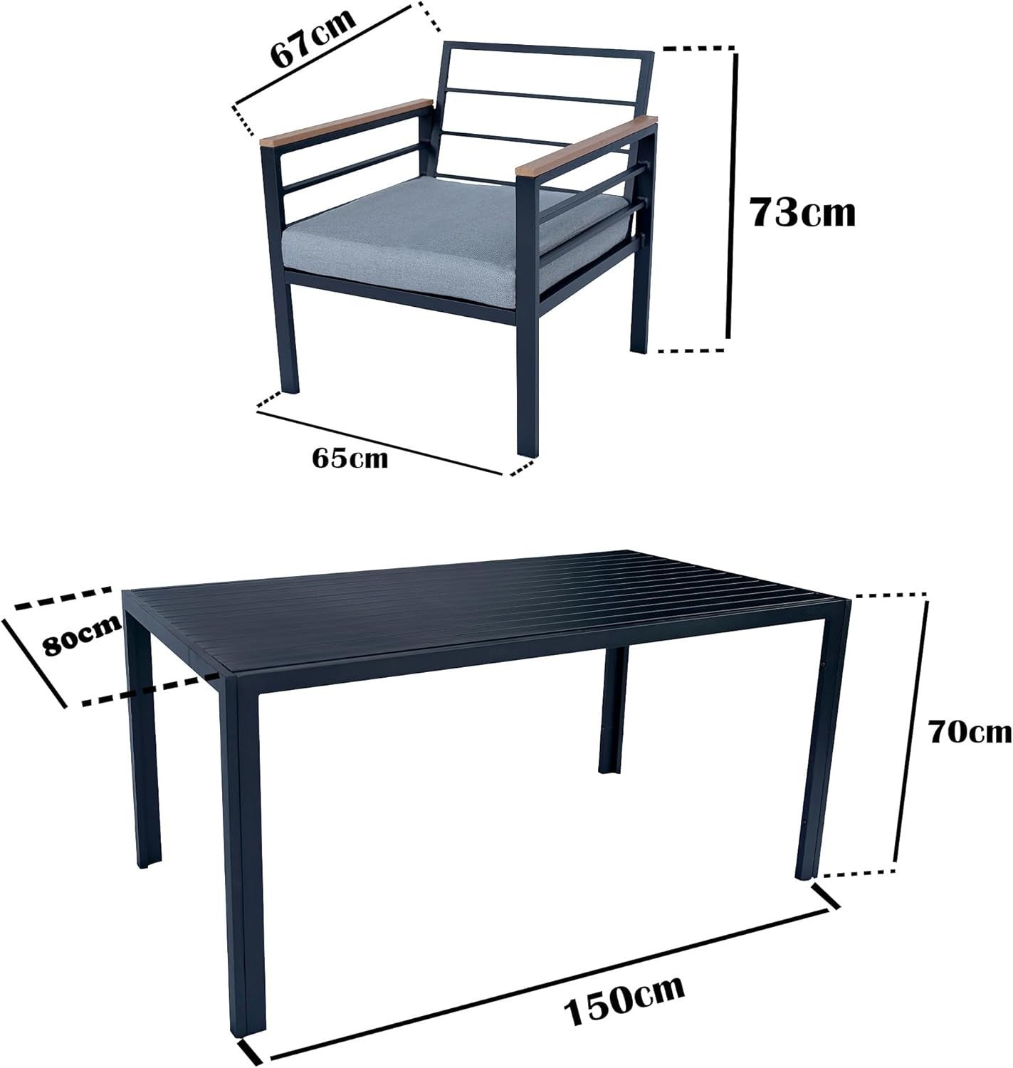6 Seat Garden Furniture Set Black Aluminium Grey Cushions Dining Patio