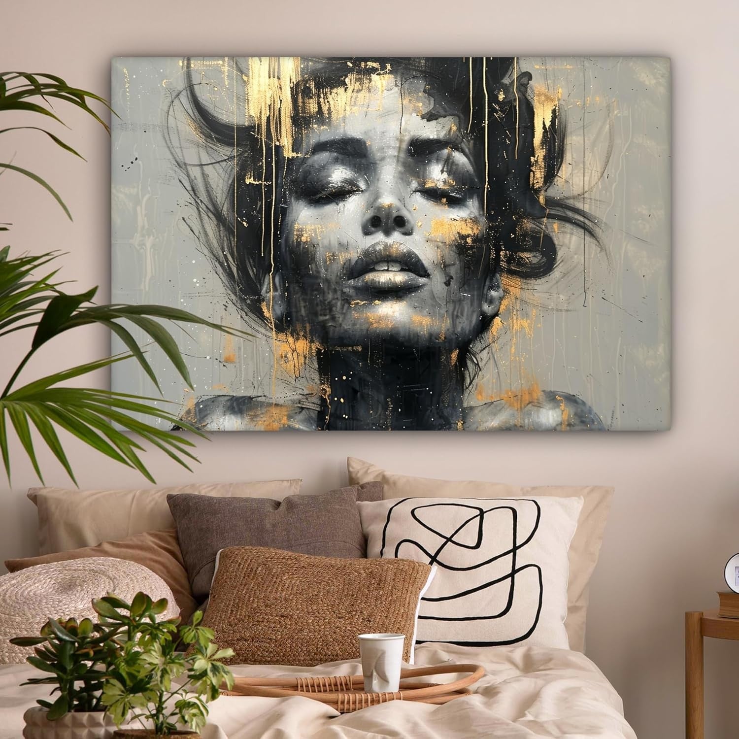 Large Abstract Woman Canvas Wall Art 120x80cm Gold Glamour Modern