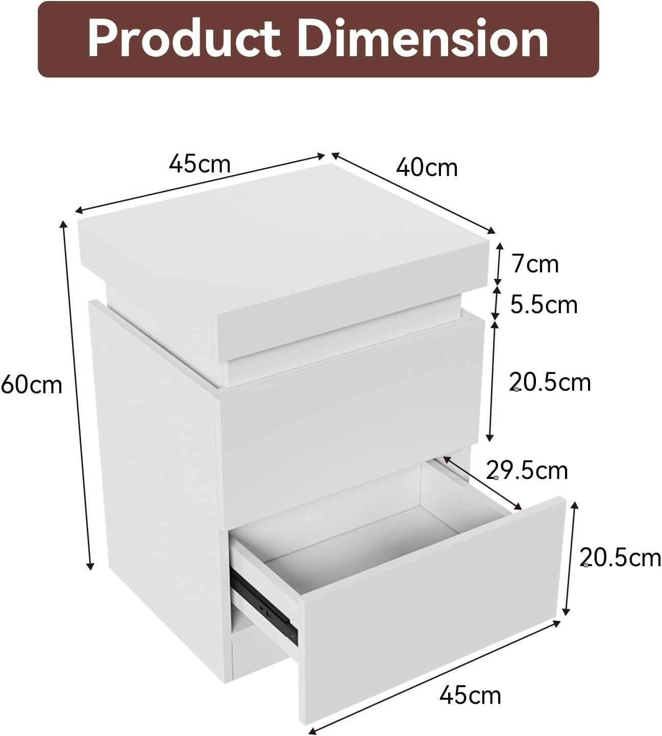Modern LED Bedside Tables Set of 2 with USB Charging | White 2 Drawer Nightstand