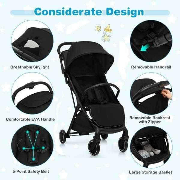 Black Baby Stroller One Hand Fold Lightweight Travel Buggy 5 Point