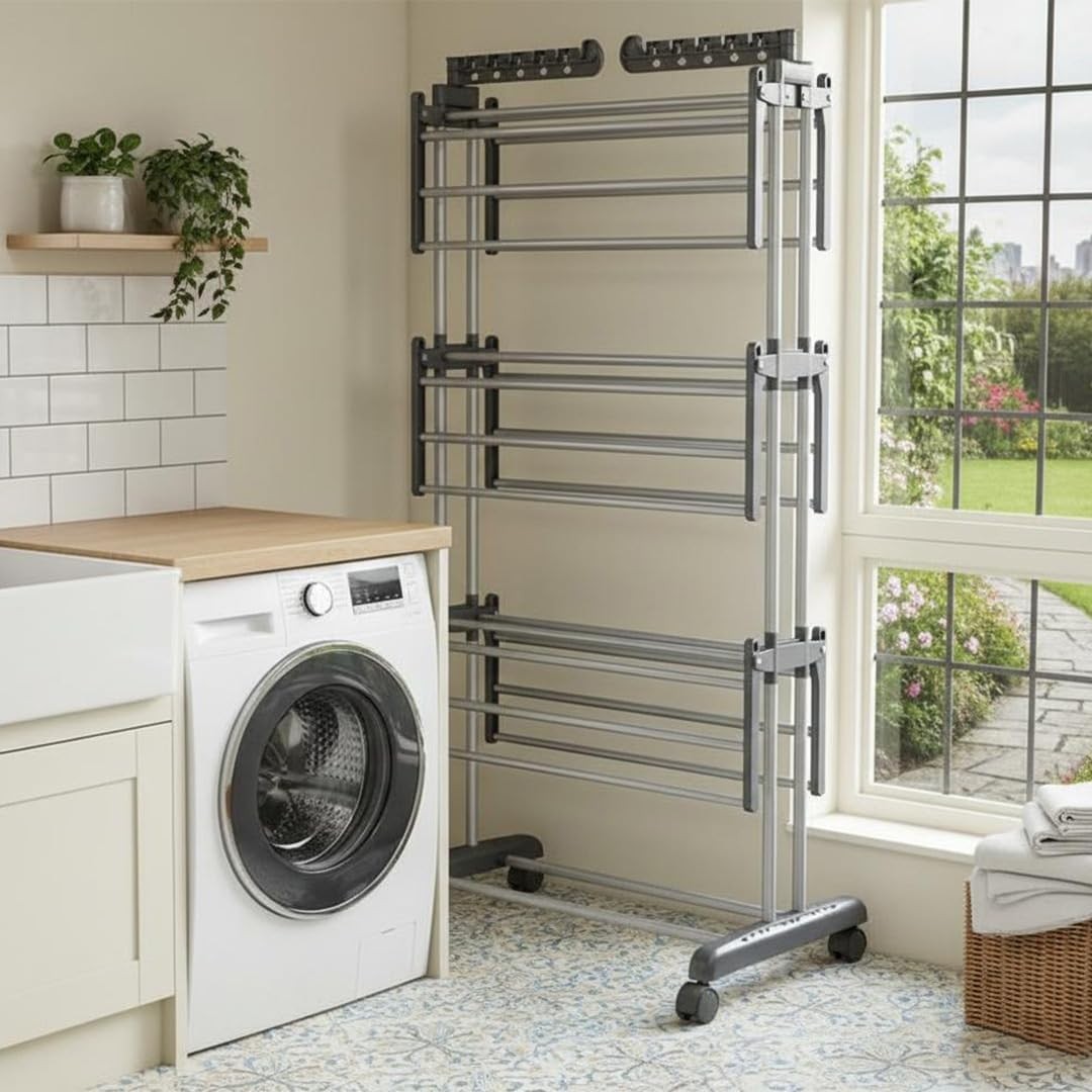 4 Tier Clothes Airer Tower with Wheels Foldable Laundry Drying Rack Steel