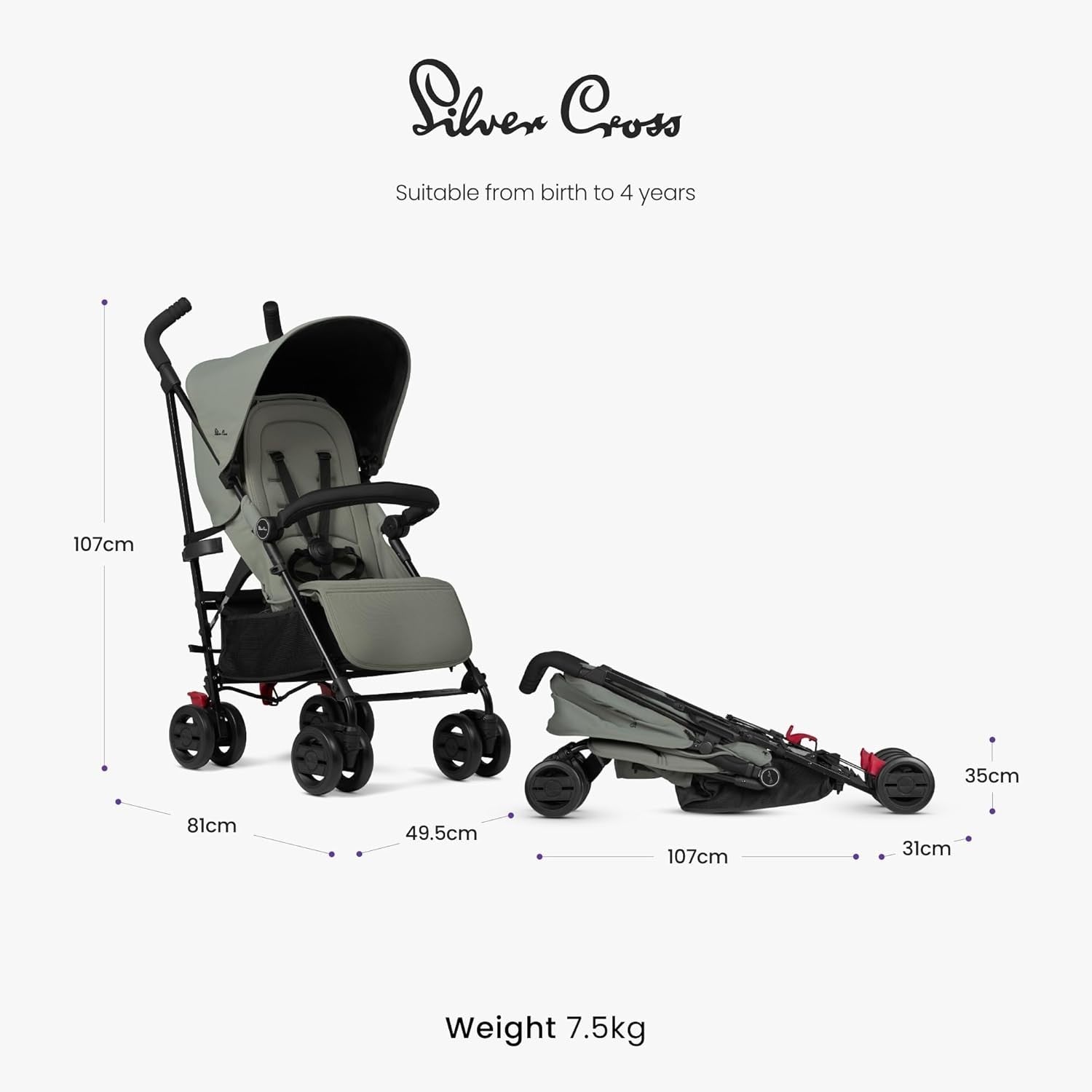 Lightweight Travel Pushchair Lie-Flat Seat Foldable Buggy 0–4Y 22kg