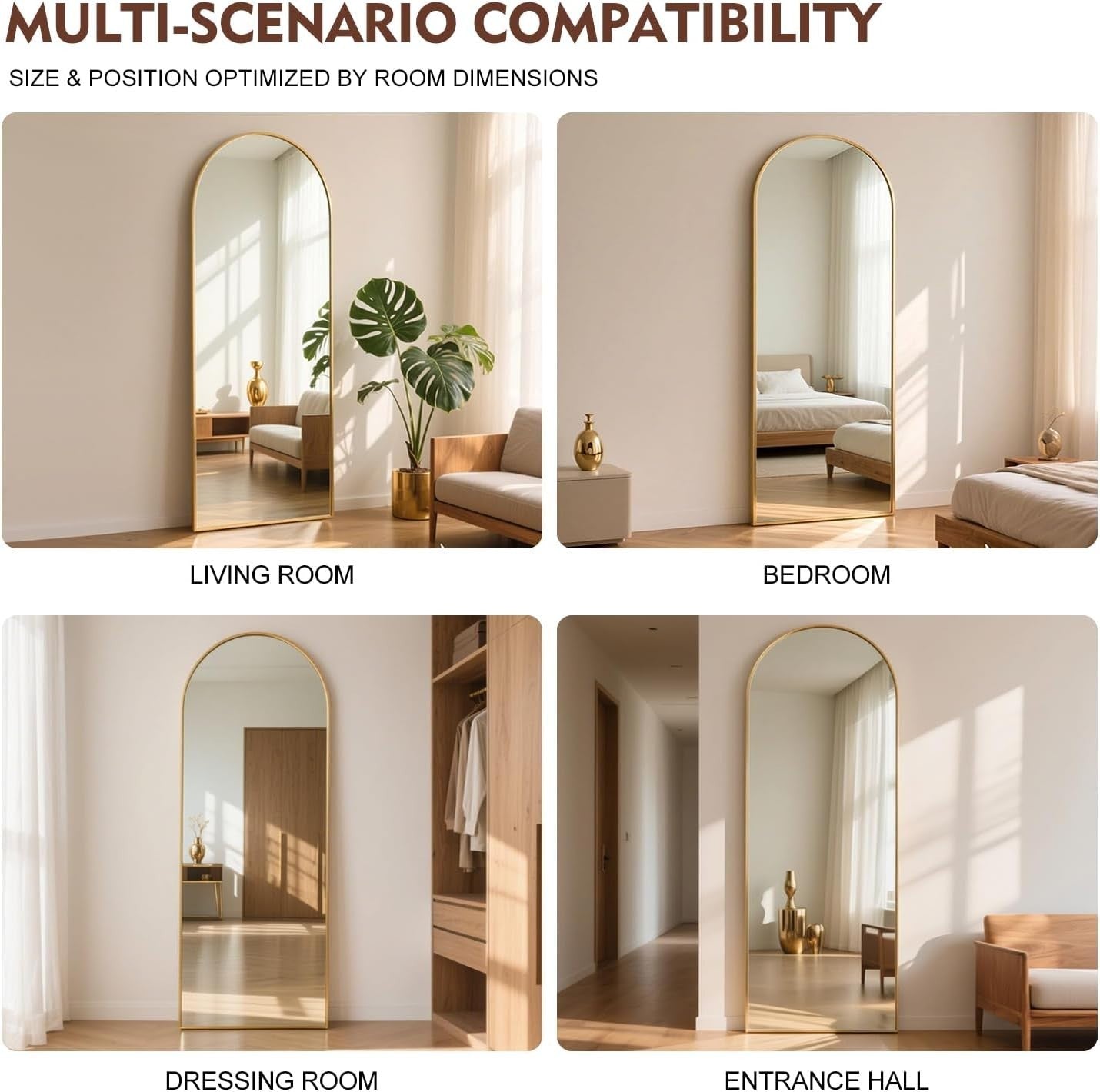 Full Length Arch Mirror 165x60cm Golden Frame Shatterproof Tempered Glass
