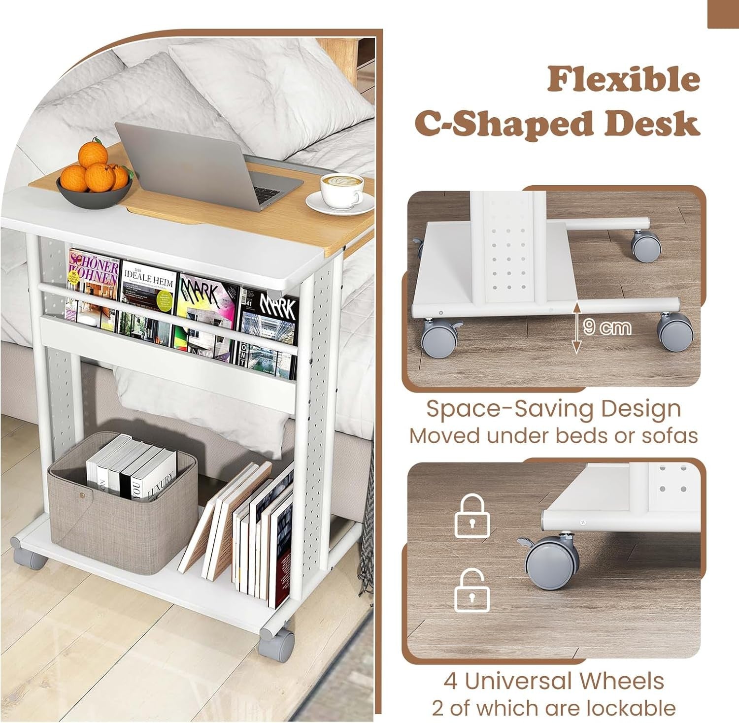 Rolling Laptop Desk with Wheels Tilt Top Storage Shelves Overbed Table