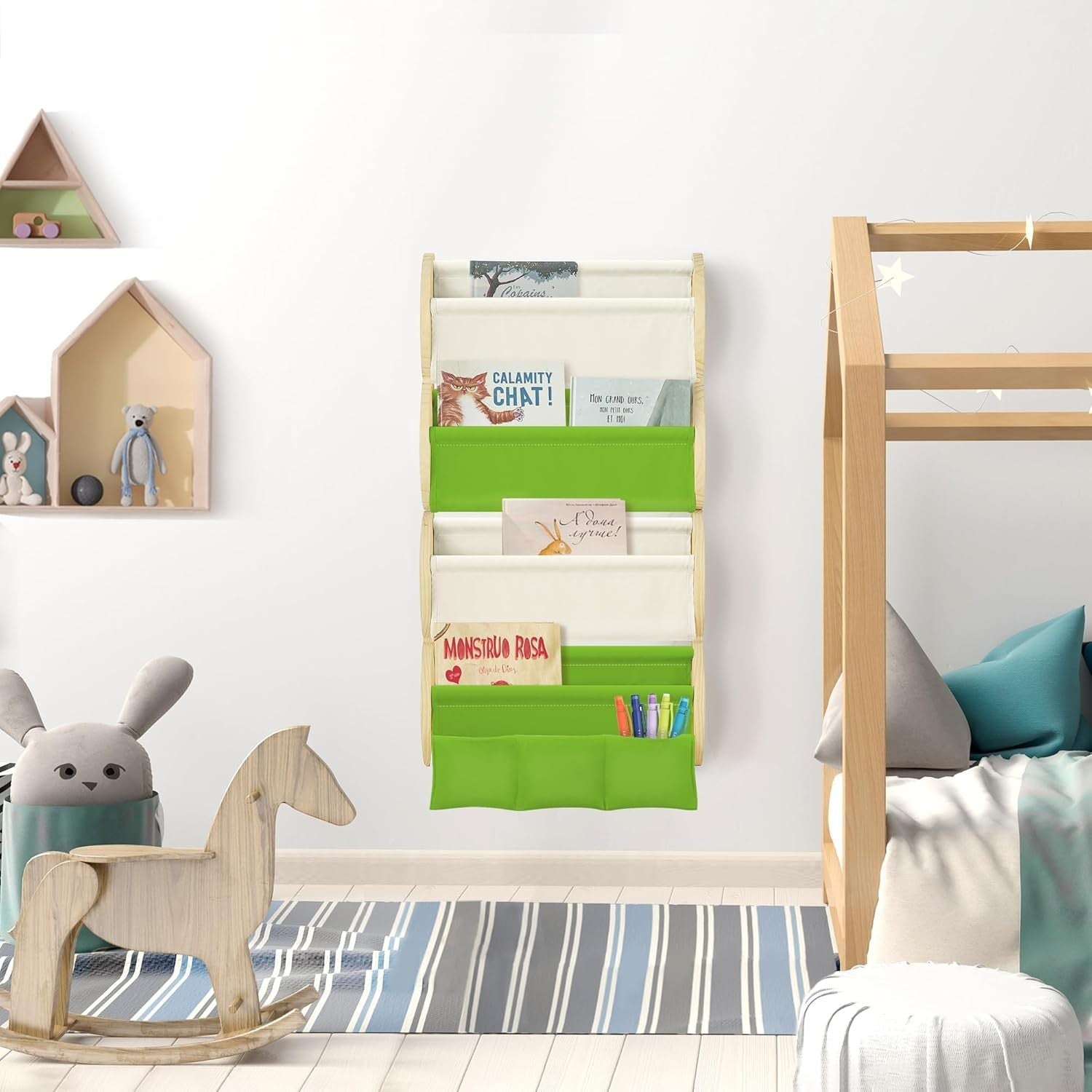 Montessori Kids Wall Bookshelf 4 Tier Storage Rack with Pockets – Green
