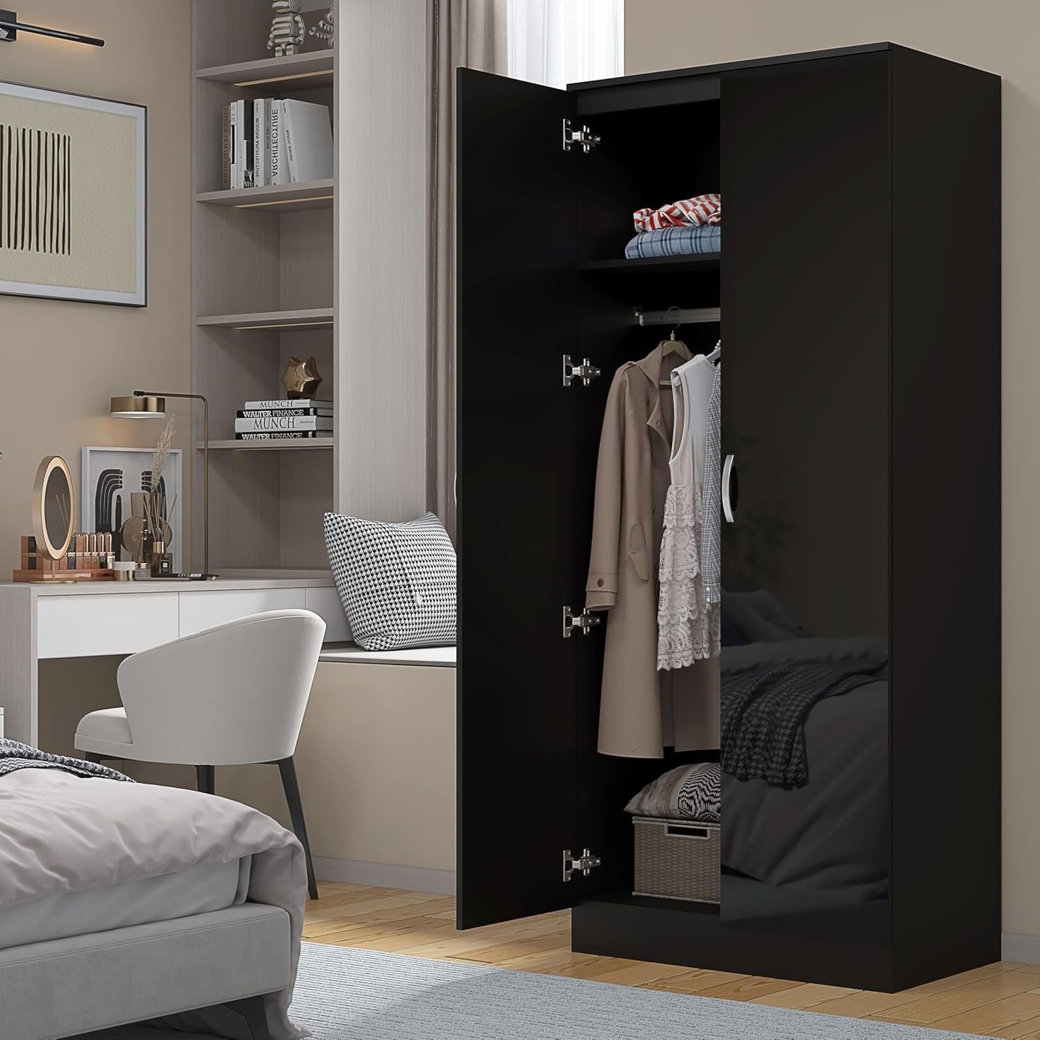 High Gloss 2 Door Wardrobe Slim Storage with Shelf & Hanging Rail 180cm