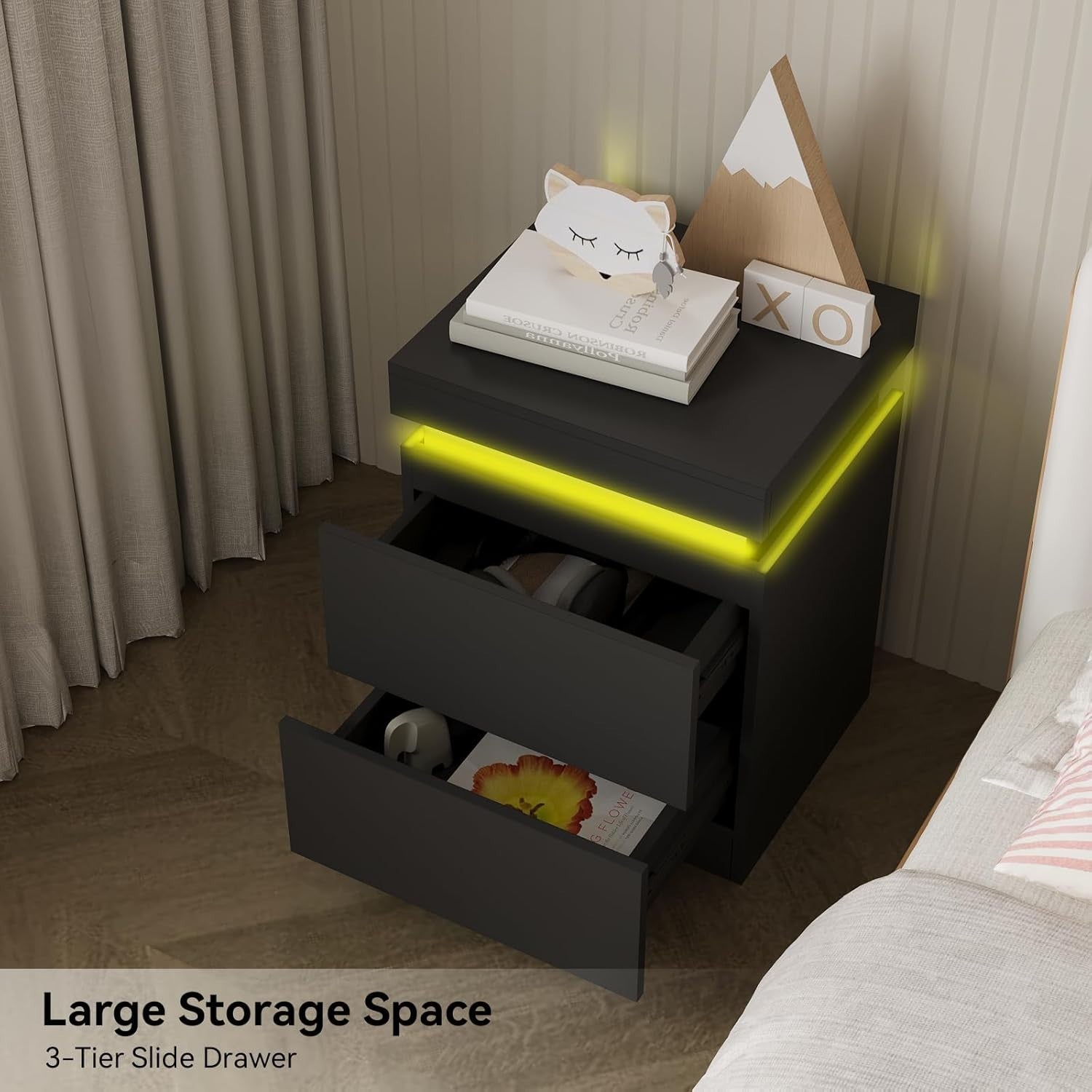 Set of 2 Modern LED Bedside Tables with USB Charging | Black 2 Drawer Nightstand
