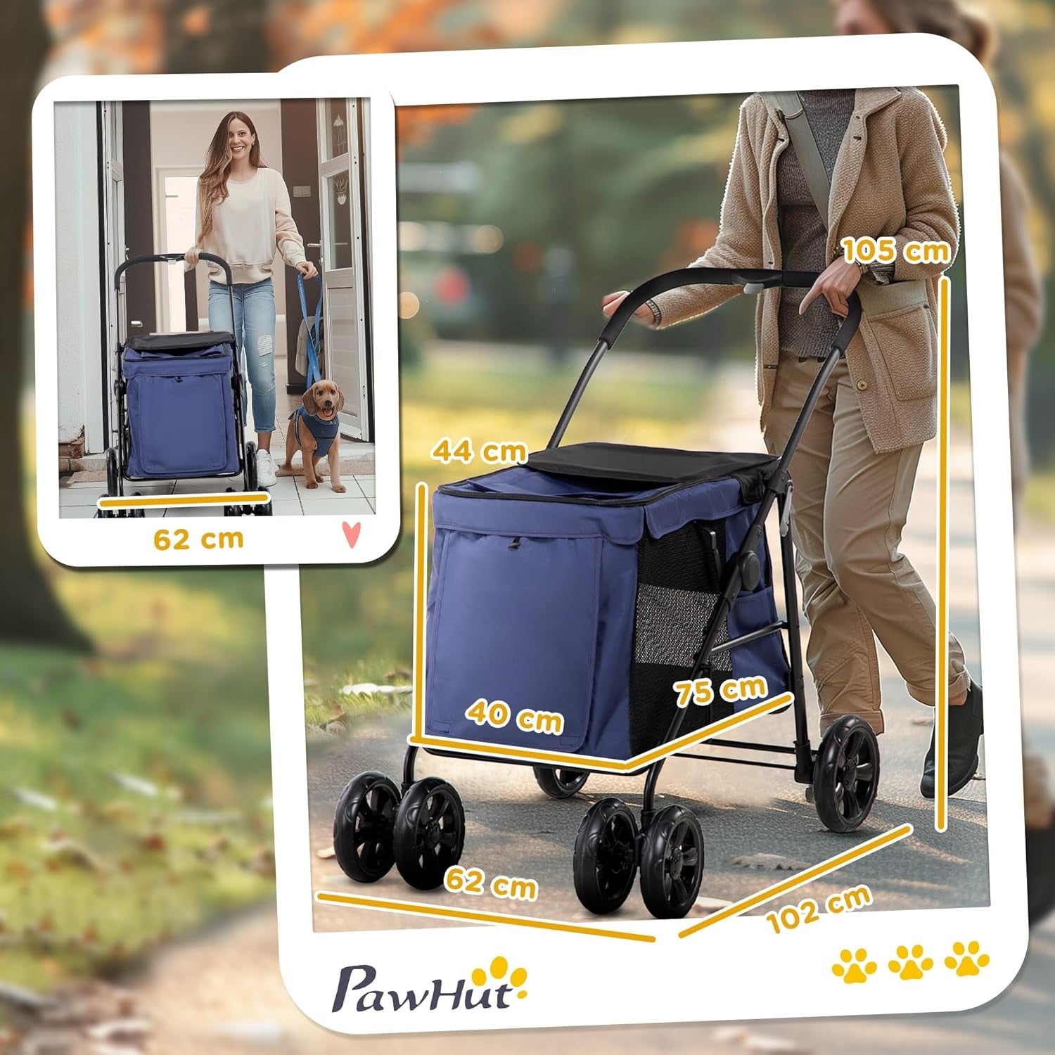 Dog Stroller Pushchair 4 Wheel Pet Pram Rolling Door Cushion Blue