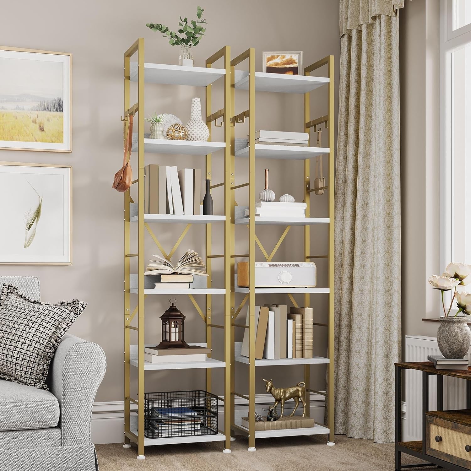 Gold 6-Tier Tall Bookcase | Metal Frame Storage Shelf with Hooks for Home & Offi