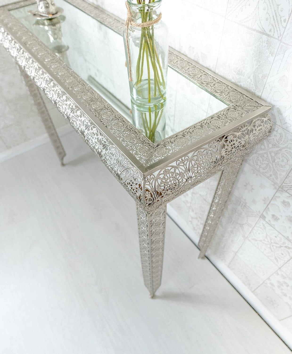Moroccan Silver Embossed Metal Console Table with Glass Top 33Dx102Wx75H cm
