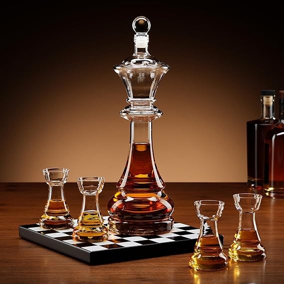 Glass Chess Decanter Set with Rook Shot Glasses & Chessboard Base Gift Set