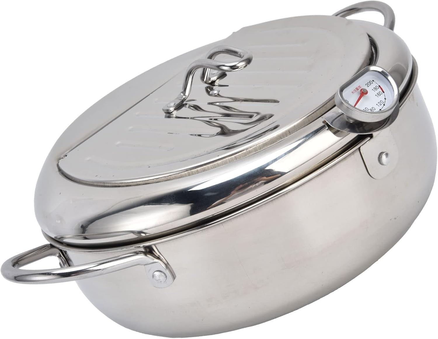 Stainless Steel Tempura Fryer Pot w Thermometer Lid Oil Drip Rack